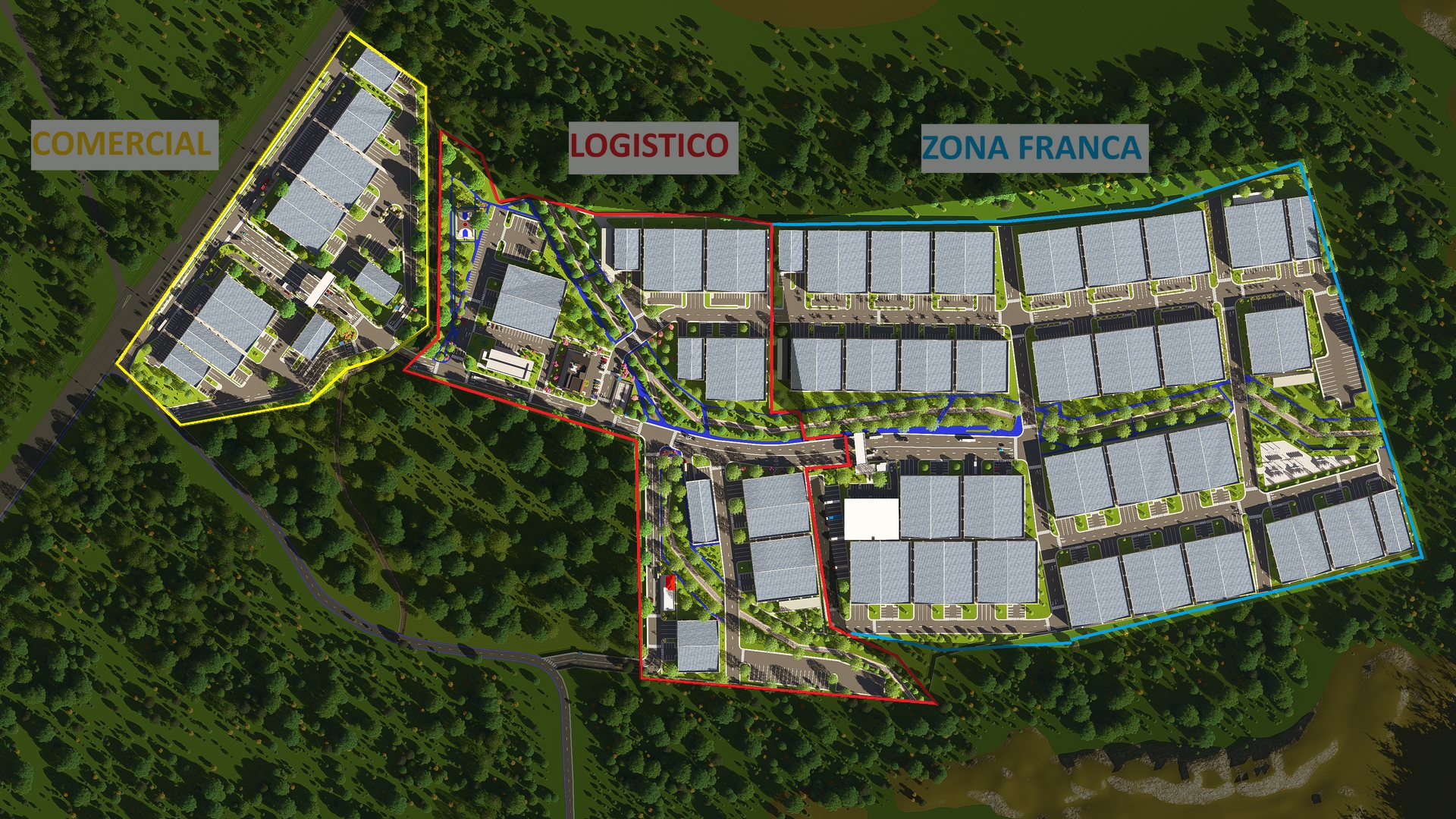 Cibao Park master plan aerial — Free Trade Zone, Logistics Park and Commercial zones