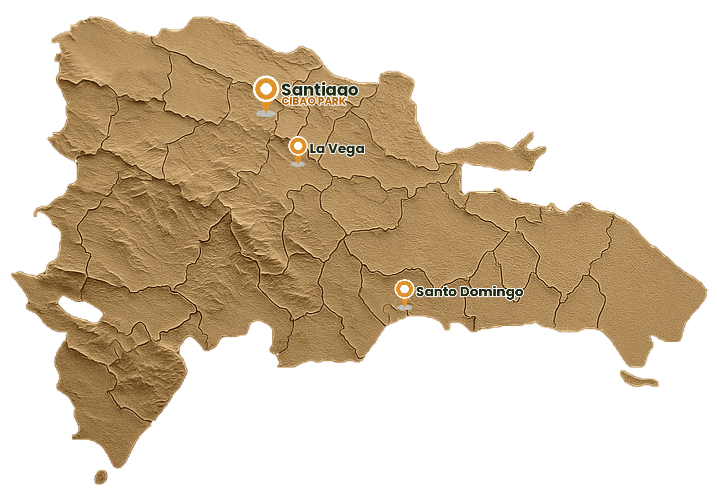 Relief map of the Dominican Republic showing Pragma Capital projects: Santiago (Cibao Park), La Vega and Santo Domingo Este